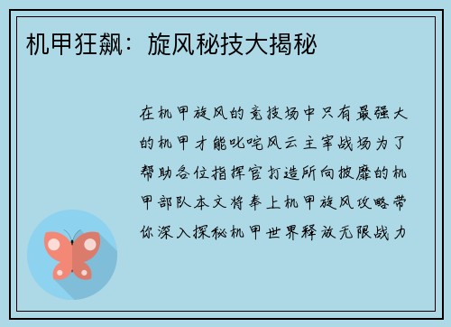 机甲狂飙：旋风秘技大揭秘