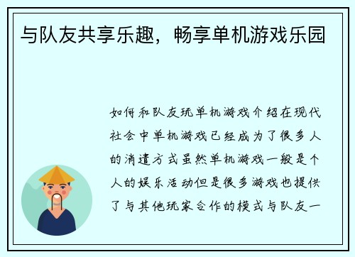 与队友共享乐趣，畅享单机游戏乐园